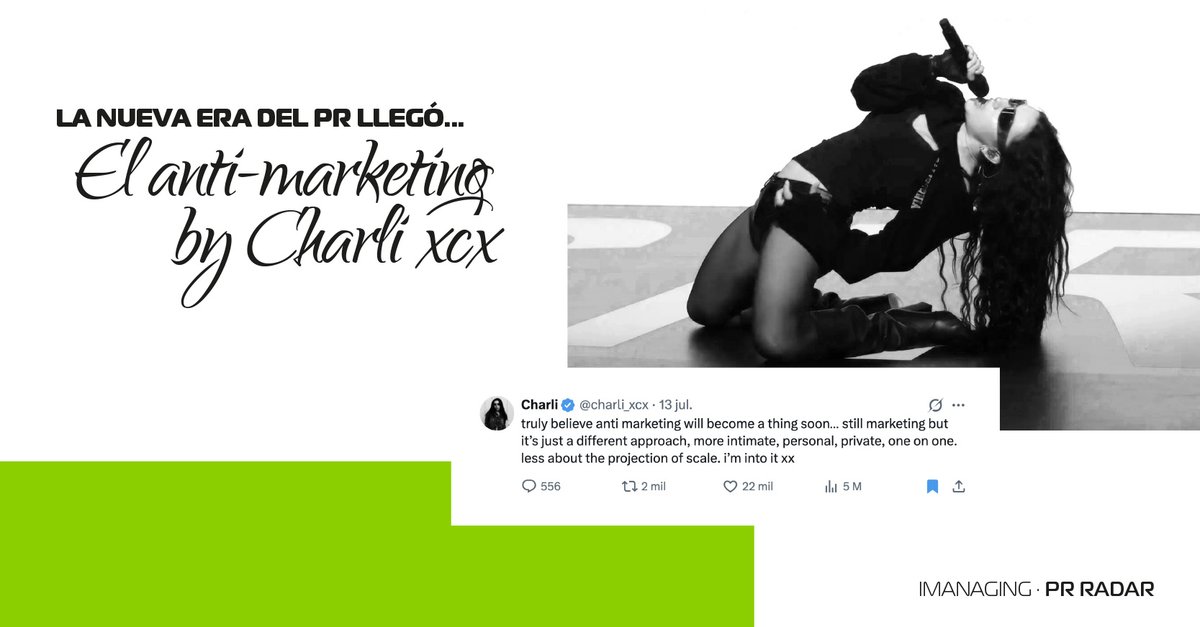 imanaging's tweet photo. Charli XCX lo dijo antes que muchos: el próximo capítulo del marketing podría ser el anti-marketing. 🟩

Después de brat, la pregunta ya no es solamente cómo captar atención, sino qué hacemos con ella cuando la conseguimos.

Porque quizás las ideas más potentes no son las que parecen campañas, sino las que consiguen convertirse en cultura. Y cuando eso pasa, la audiencia deja de mirar desde afuera y empieza a formar parte. 👀

Una reflexión sobre brat, cultura y esa delgada línea en la que el marketing empieza a parecer demasiado marketing.

Mirá el artículo completo aquí: 
https://t.co/yb7GL659eb

#IMANAGING #AntiMarketing #CharliXCX #Marketing #Branding