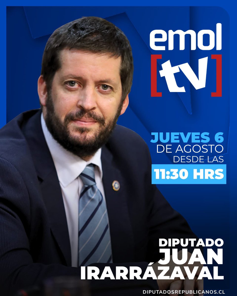 JIrarrazavalR's tweet photo. 🎙️Este jueves 6 de agosto, a las 11:30 hrs, estaré en vivo por #EmolTV
Conversaremos sobre la contingencia nacional y diversos temas relevantes que se están discutiendo hoy 🇨🇱
📲 Sintoniza https://t.co/GY7k8uEQYz desde las 11:30 AM
¡Nos vemos! 👋🏼
#DiputadoRepublicano https://t.co/KgXC4ncadF