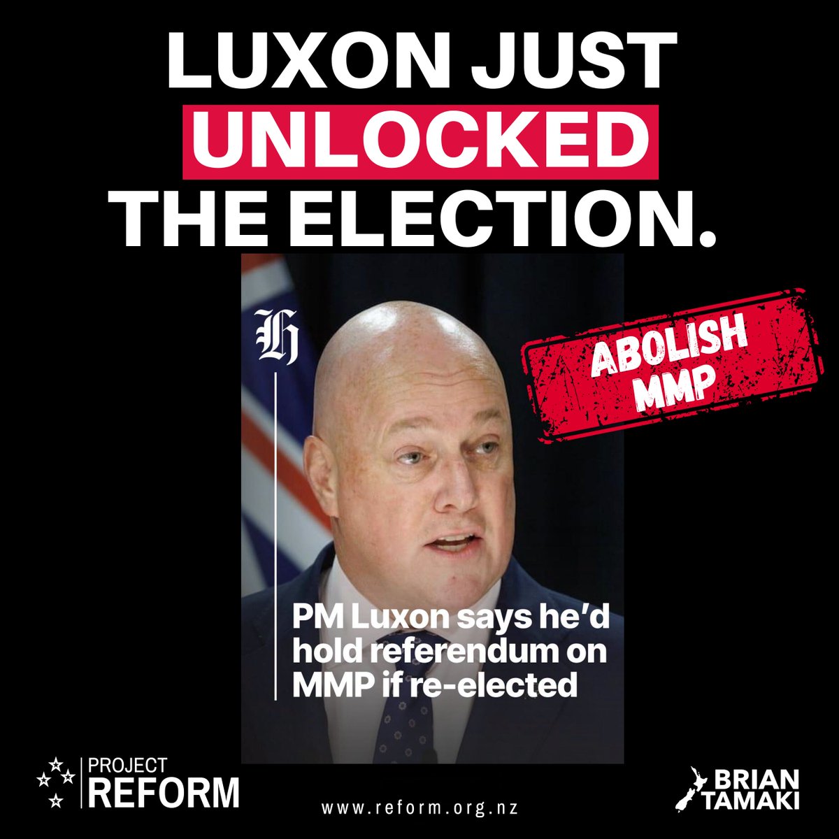 BrianTamakiNZ's tweet photo. 🚨 LUXON JUST UNLOCKED THE ELECTION. 🚨

Not that long ago, Christopher Luxon made it clear he wasn’t interested in anything Brian Tamaki had to say.

Yet today, he’s campaigning on one of the biggest reforms I’ve been calling for.

Christopher Luxon has announced National would hold a referendum on removing MMP.
This is exactly the right conversation.

We launched our Referendum of Reform months before today's announcement.

Why?

Because we didn't need politicians to tell us what everyday Kiwis already knew.

MMP is broken.

Minor parties have held major governments to ransom for too long.

Too many List MPs have dominated headlines with political theatre while the real issues facing Kiwi families are pushed aside.

Just yesterday, Parliament spent valuable Question Time debating whether Winston Peters had hurt a Green MP's feelings.

That's why we've already collected tens of thousands of signatures calling for real political reform by reducing Parliament from 120 MPs to 65 MPs.

The response from everyday Kiwis has been overwhelming. People in the streets can't sign our citizens-initiated-referendum fast enough.

But let's be clear...

We cannot simply replace MMP with First Past the Post.

This is our opportunity to build a political system fit for the next 100 years.

A true Referendum of Reform should:

✅ Abolish MMP.
✅ Remove misfit List MPs
✅ Cut Parliament from 120 MPs to 65 electorate MPs.
✅ Reduce the cost of government.
✅ End the disproportionate influence of minor parties.
✅ Return power to local electorates.
✅ Put New Zealanders back in charge.

And we should be bold enough to go even further.

Imagine a presidential-style system, where New Zealand elects one national leader who is accountable to the people…not coalition partners or party politics.

That leader would appoint a small A-Team of New Zealand's best minds and proven performers…the movers and shakers from business, farming, health, education, infrastructure, technology, law and community leadership…to focus on one thing: getting New Zealand back on track.

This year marks 30 years of the MMP experiment.
It’s time to admit it’s been an epic failure.
Three decades of coalition horse-trading, political instability and party-list politics have left New Zealand weaker, poorer and more divided.

We don't need to patch up a broken system. We need to replace it.

Let's build a better one.

National deserves credit for finally recognising that New Zealanders want change.

Now let's get on with the job of reforming our government.

Power Back To The People.

#ReferendumOfReform #ProjectReform #PowerBackToThePeople