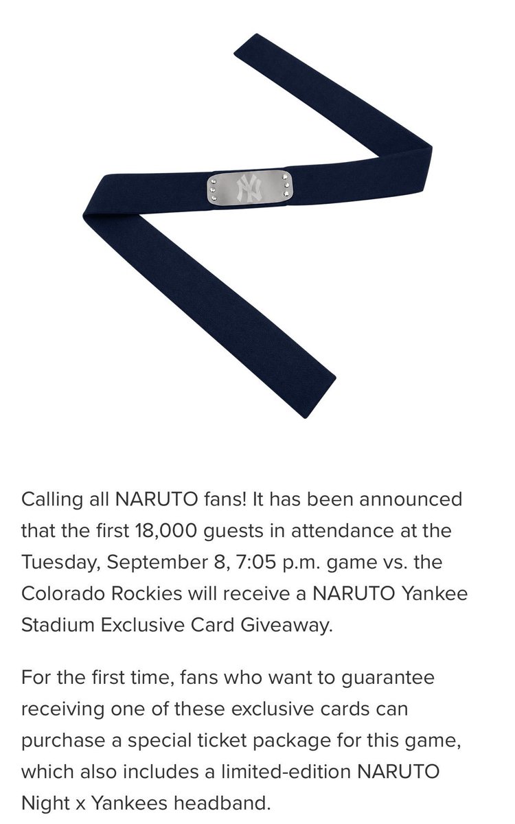 Fgante's tweet photo. Falando em naruto, vai ter um jogo do yankees esse mês q vao dar uma bandana de naruto com o símbolo do time #mlbnaespn https://t.co/9ErFa3ryOp