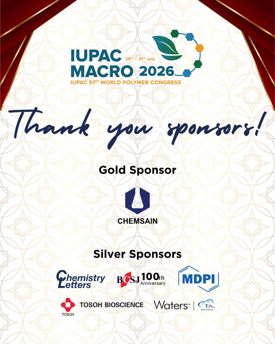 MACRO_2026's tweet photo. Gratitude in full chemistry! 🧪✨

A huge THANK YOU to all our incredible partners, collaborating universities, supporting organizations, and sponsors for making IUPAC 51st World Polymer Congress (MACRO 2026) an unforgettable success! https://t.co/ezHL3e0csx
