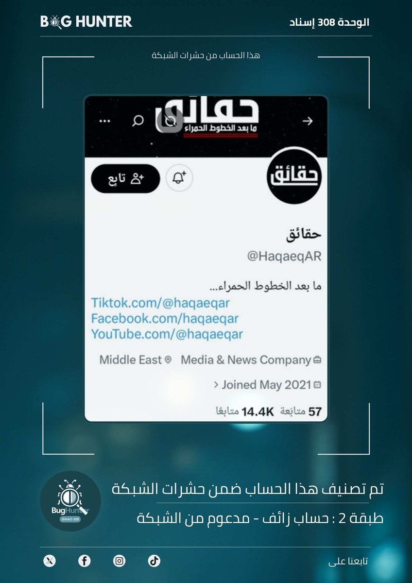 SecondChan41340's tweet photo. @Mariam55441965 تقرير @bughunter_App : رصـد حساب مشبوه
حساب زائف (طبقة 2- #ذباب_إلكتروني)
أبرز ما يروج له:
تبني أجندة الوحدة 8200 + ترويج رواية العدو + معلومات مضللة +بروباغندا موجهة
لبناء فضاء رقمي آمن وموثوق، يرجى الإبلاغ عنه:
https://t.co/K6T3OCuwJ2 https://t.co/ru9I3T7iSz