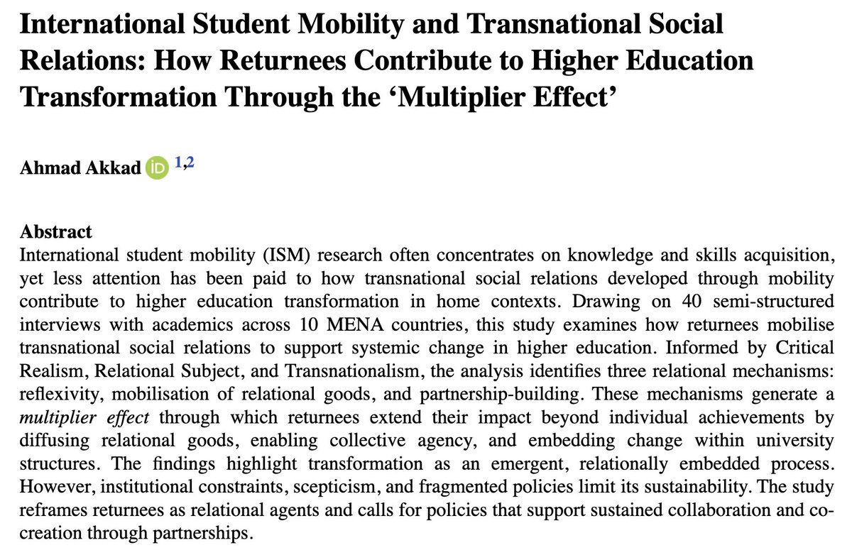 jsinted's tweet photo. International student mobility &amp; transnational social relations: how #returnees contribute to #highered transformation through the ‘multiplier effect’

Ahmad Akkad

→ https://t.co/ERVFWYNBij

#InternationalStudents #StudentMobility #SocialRelations #Transnationalism #StudyAbroad https://t.co/xArW7LAzvf