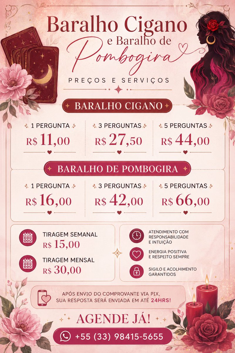 oraculistathai's tweet photo. 🔮Leituras de baralho cigano, baralho de pombogira e trabalhos espirituais.
+2,5k de consultas realizadas.
✨️Atendimento com responsabilidade, comprometimento, sigilo e respeito.
#tarotwt #Magia #Cartomante #Oráculo 
📲 Link para contato: 👇
https://t.co/Yzus8MzAPF https://t.co/4HKm6CUA4r
