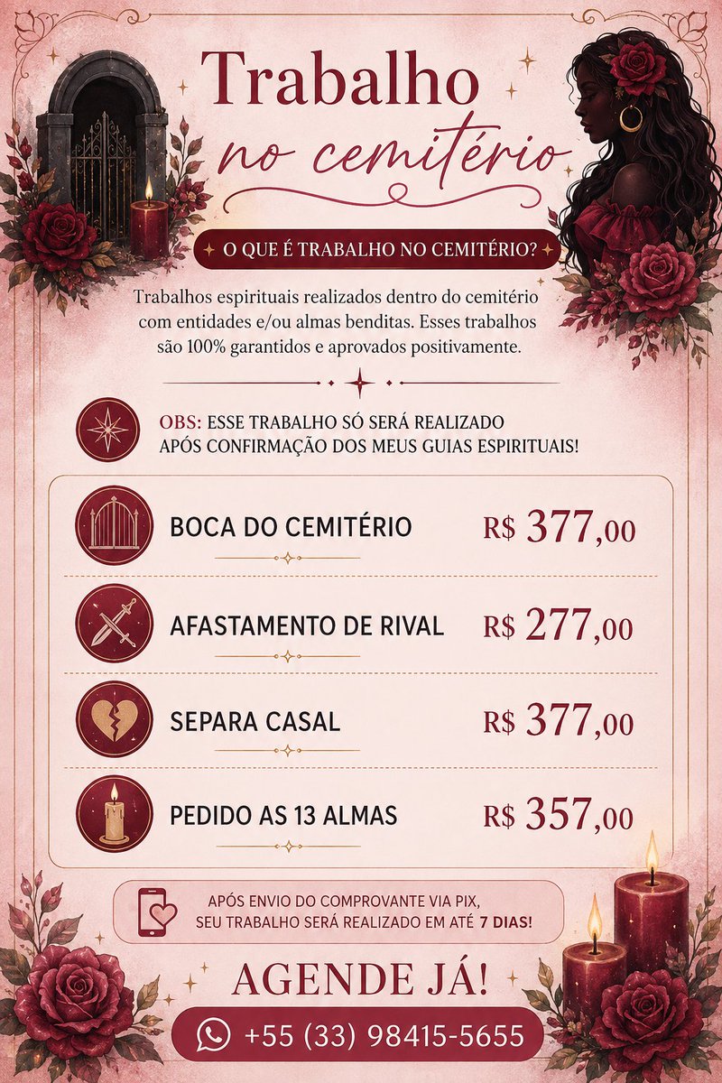 oraculistathai's tweet photo. 🔮Leituras de baralho cigano, baralho de pombogira e trabalhos espirituais.
+2,5k de consultas realizadas.
✨️Atendimento com responsabilidade, comprometimento, sigilo e respeito.
#tarotwt #Magia #Cartomante #Oráculo 
📲 Link para contato: 👇
https://t.co/Yzus8MzAPF https://t.co/4HKm6CUA4r