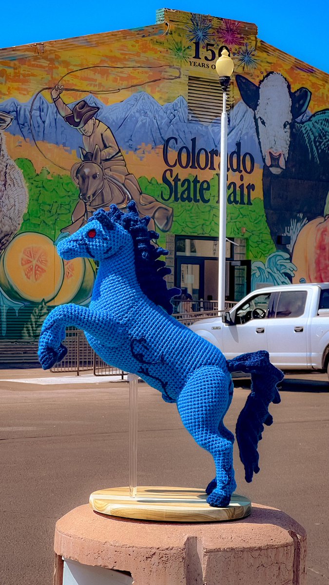 DENAirport's tweet photo. Mustang is lookin' SEW GOOD. 🧶💙

Since March, Katie has spent 100+ hours creating two pieces inspired by our Blue Boy: a mounted head and a replica.

Catch them at the Colorado State Fair Aug. 28-Sept. 7. Check it out on Instagram at katieandjoeonthego. https://t.co/0nKZH70pEA