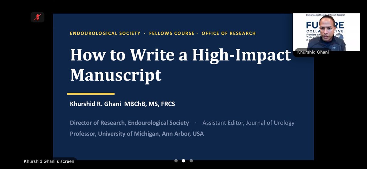 Drhajiha's tweet photo. Great session on How to write high impact paper by @peepeeDoctor @DrJohnMDiBi kick starting the Endourology Fellowship Research Curriculum @FUTURE_EndoSoc @Endo_Society @young_endosoc https://t.co/DzbuyCpjae