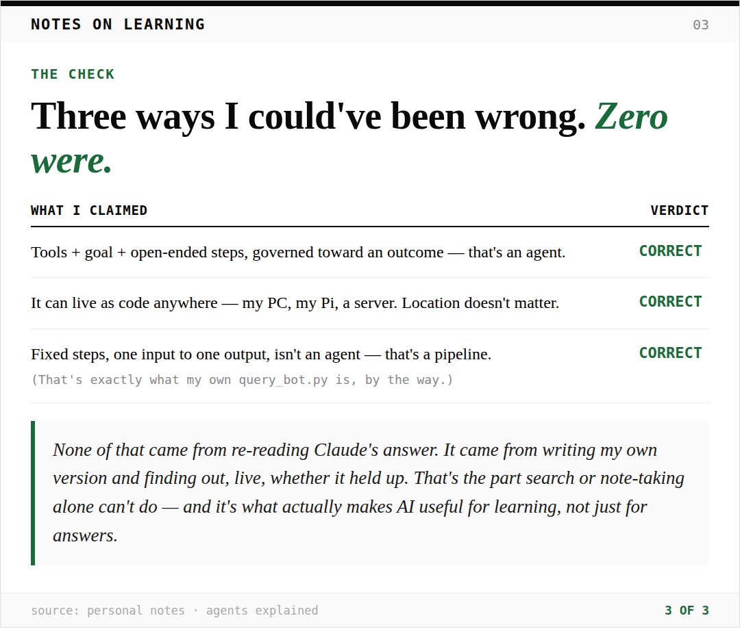 Chicky_Think's tweet photo. Claude checked it point by point. All three held — including the bit about my own query bot being a pipeline, not an agent.

Writing the explanation is what tests it. That's the actual value of AI for learning. [3/3] https://t.co/N5YvxivWv0