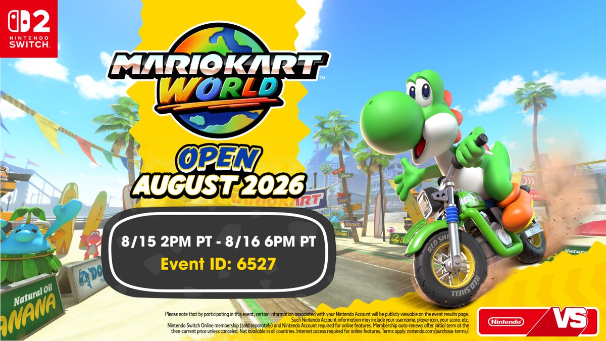 NintendoVS's tweet photo. Who's gearing up for their next race? 🏁 

Don't miss the Mario Kart World Open August 2026, arriving Aug 15 at 2pm PT to Aug 16 at 6pm PT! https://t.co/xsIqXslHG9