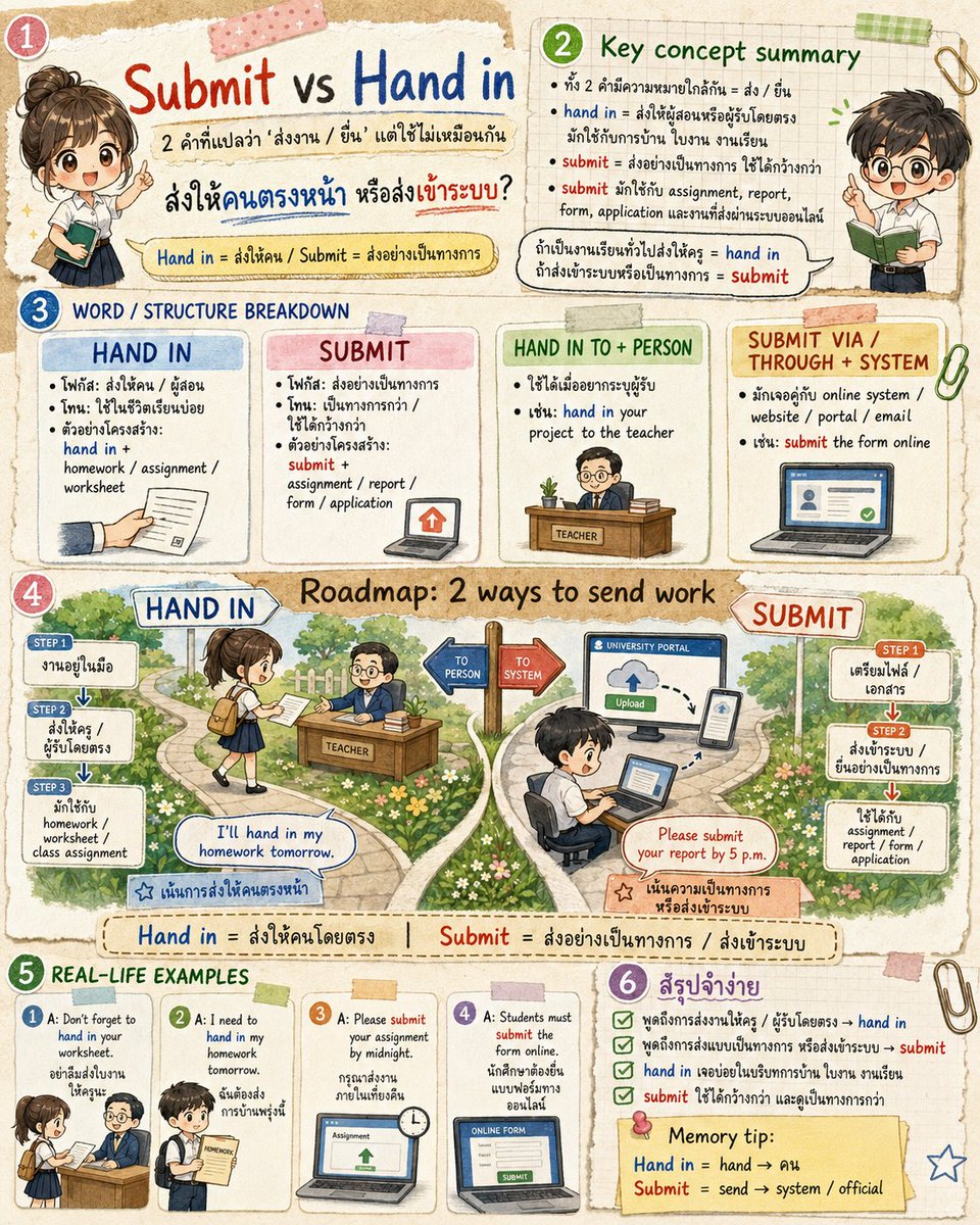 EngnowThailand's tweet photo. Hand in กับ submit แปลว่า “ส่งงาน” ได้ทั้งคู่
hand in เน้นนำงานไปส่งให้ผู้รับ ใช้บ่อยในห้องเรียน
submit เน้นการส่งอย่างเป็นทางการตามขั้นตอน
อย่าจำว่า hand in = กระดาษ และ submit = ออนไลน์ เพราะทั้งคู่ใช้ได้ทั้งสองแบบ
#Engnow #EnglishTips #เรียนภาษาอังกฤษ https://t.co/ukIOsFlGfE