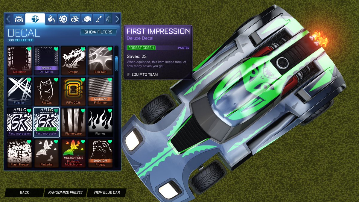 jonago21's tweet photo. ah yes, 'first impression' and 'best coast' painted decals in @RocketLeague lmao https://t.co/0JLL0LIpZl