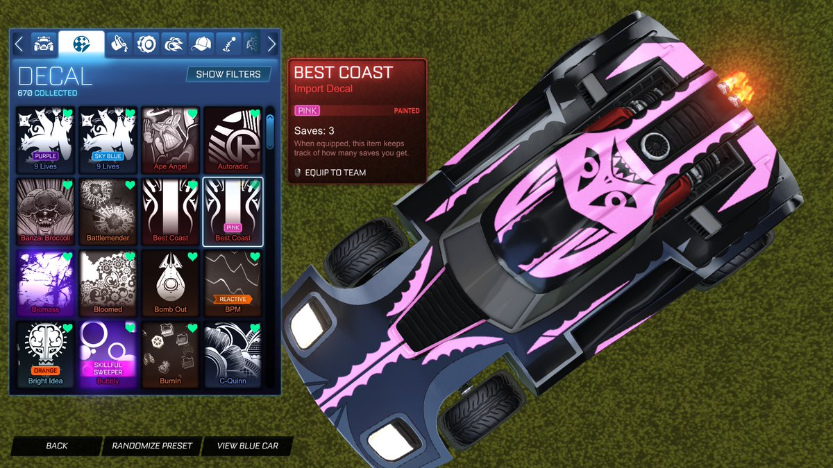jonago21's tweet photo. ah yes, 'first impression' and 'best coast' painted decals in @RocketLeague lmao https://t.co/0JLL0LIpZl
