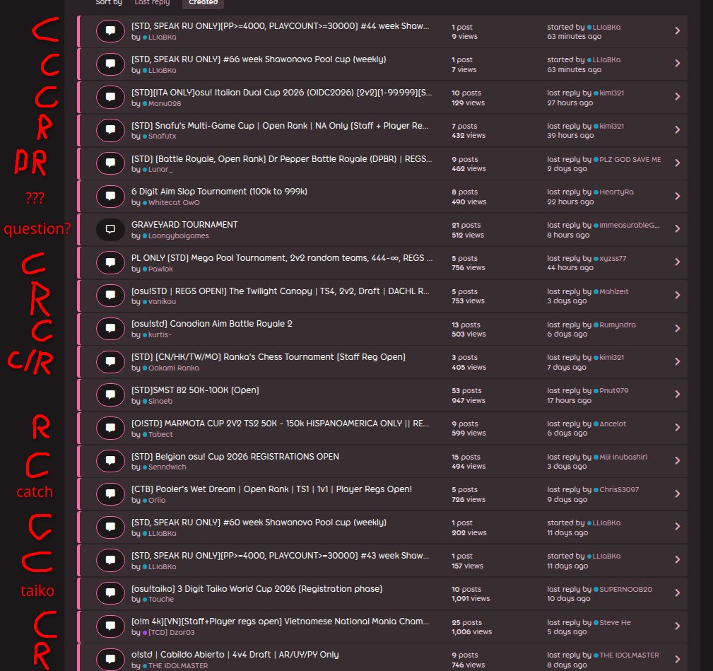 megahell0's tweet photo. This is the page 1 of the tourney forums. Most tournaments nowadays are just country or region locked. With a couple 1 day tournaments sprinkled in and stuff more like contests. I found maybe 3-4 actual tournaments in this forums.
C = country lock
R = region lock https://t.co/aELvOLymrY