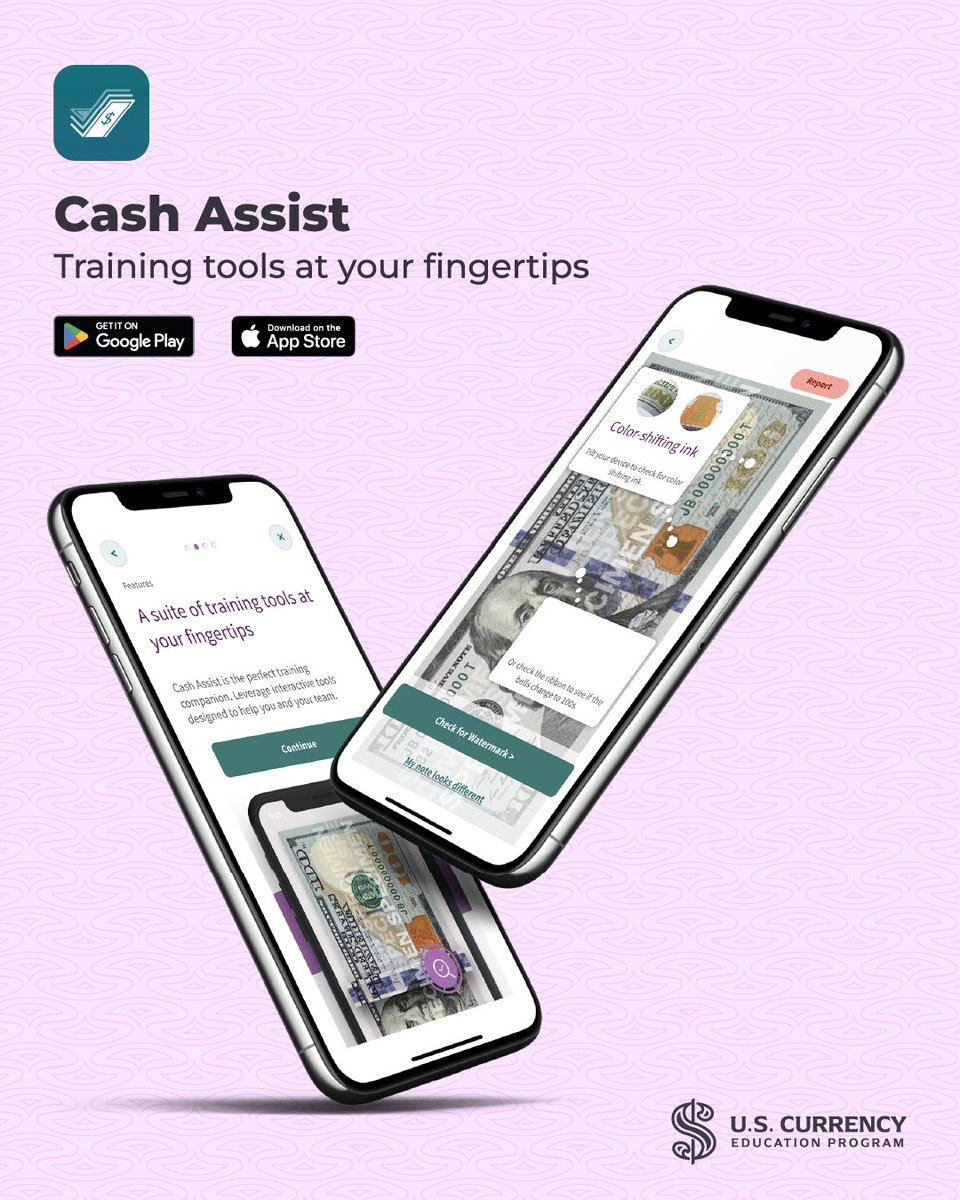 uscurrency's tweet photo. Confidence starts with knowledge. The Cash Assist app makes it easy to explore U.S. banknote security features anytime, anywhere. 

Download and learn more: https://t.co/ifL58HyqXs https://t.co/9Qm74oztgT