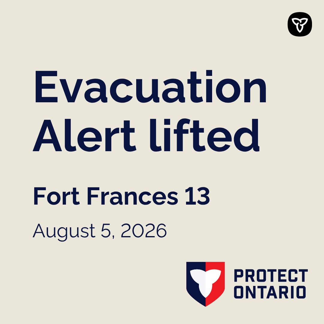 ONforestfires's tweet photo. The Evacuation Alert for the Saganaga Lake area around active wildland fire Fort Frances 13 (also known as “Little Knife” fire in Minnesota), originally issued by the Thunder Bay – Ignace District on July 24, 2026, has been lifted. https://t.co/TOM7JU2KVY