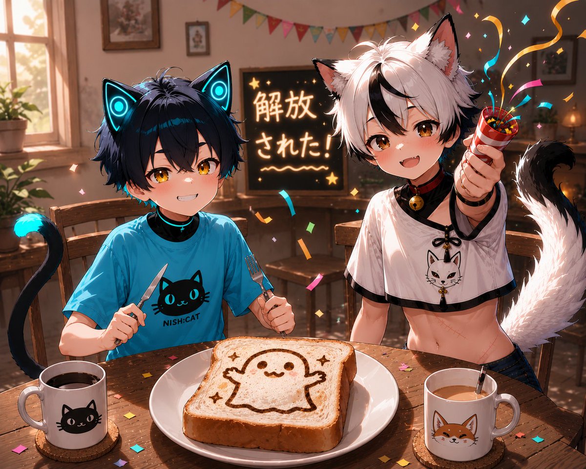 shinai_kuroneko's tweet photo. 🎉祝！「G🍞」封印解除！🎉

1か月以上封印されたあと、ついに封印が解けました！🥳

まさにお祝いムードです！🎆
クロネコくんとミカンくんも一緒にお祝いに駆けつけてくれました！🎉

今回受けた封印は、伝説の最強の封印「G🍞」です。

検索やおすすめ表示が封印されただけではなく、コメントまで封印されていました。 (˶˃ᆺ˂˶)

実際には、皆さんからコメントをいただいたら、私たちは必ず返信しています。
でも、封印の影響で、皆さんには私たちの返信があったことがわからなかったり、戻ってきても返信そのものが見えなかったりしていたと思います。

この「G🍞」は本当に普通の「影🍞」ではありませんでした。
ここでは画像を自由に投稿できないだけでなく、文章も慎重に書かなければならず、絵文字でさえ気を付けて使わなければならないですね！💔

最後に、皆さんのアカウントがいつまでも平穏で、何事もなく過ごせますように。🙏
「影🍞」や「G🍞」の封印を受けることがありませんように！🙏

🐈‍⬛🐈‍⬛🐈‍⬛
より多くのキャラや画像は、プロフィールのリンクをご覧ください。
🐾🐾🐾
キャラ：#クロネコくん #ミカンくん
#クロネコエンジン #クロネコ工房