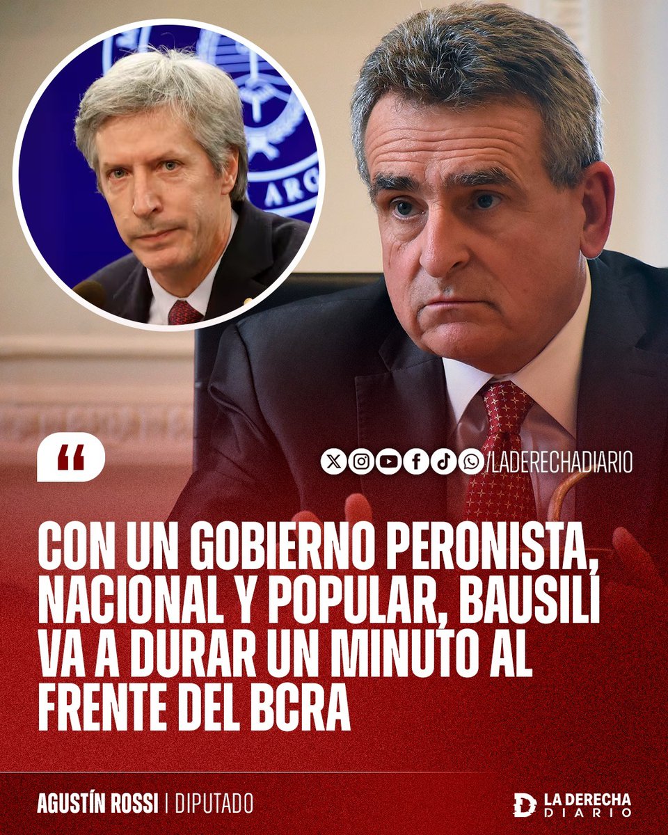 laderechadiario's tweet photo. 🚨🇦🇷 | EL KIRCHNERISMO ES TERRORISMO ECONÓMICO: El excandidato a vicepresidente de Sergio Massa, Agustín Rossi, confirmó que, si el kirchnerismo vuelve al poder, Santiago Bausili será apartado del Banco Central para recuperar el control de la emisión monetaria y volver a financiar el populismo.

“Con un gobierno peronista, nacional y popular, Bausili va a durar un minuto al frente del Banco Central. Hay que desplazarlo”.