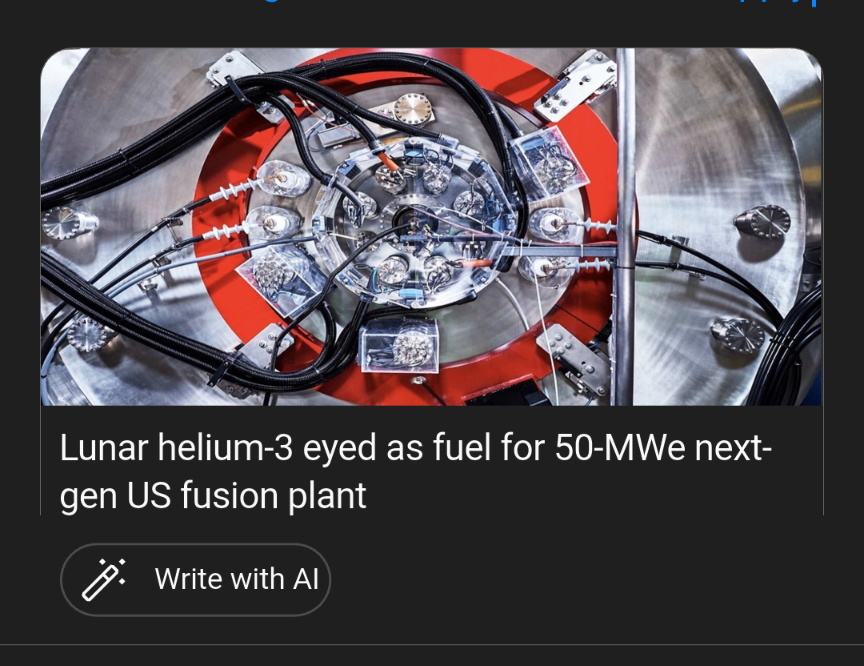 MichelliYo1's tweet photo. Lunar helium-3 eyed as fuel for 50-MWe next-gen US fusion plant planned for 2031 https://t.co/jRrK90Dv4p https://t.co/uN6maEbZu0