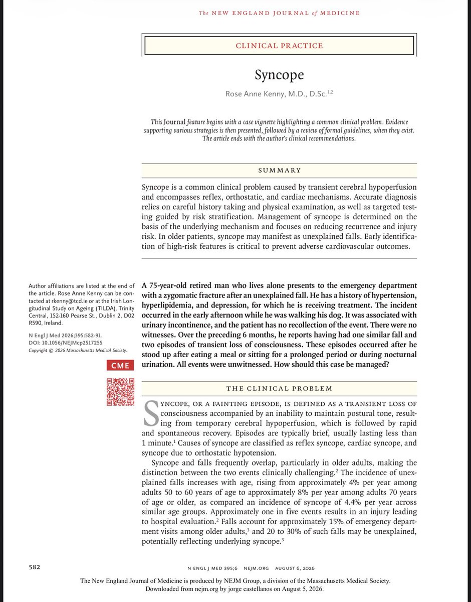 rksanti's tweet photo. 🫀 SÍNCOPE: EL DIAGNÓSTICO COMIENZA CON LA HISTORIA CLÍNICA, NO CON LOS EXÁMENES ⚡
El nuevo artículo del NEJM 2026 nos recuerda que el abordaje inicial del paciente con síncope debe ser simple, sistemático y basado en la evidencia: toda pérdida transitoria de la conciencia con sospecha de síncope requiere una historia clínica detallada, relato de testigos, medición de la presión arterial en decúbito y de pie, examen físico completo y electrocardiograma (ECG). 🩺📋 Estas cuatro herramientas permiten identificar la causa en la mayoría de los pacientes y, cuando no es posible, orientan la estratificación del riesgo para decidir quién necesita estudios adicionales, observación u hospitalización. 🚑 El mensaje clave es claro: no todos los pacientes requieren múltiples pruebas, pero ninguno debe ser evaluado sin una adecuada historia clínica y un ECG. Una evaluación inicial correcta puede detectar causas potencialmente fatales, reducir hospitalizaciones innecesarias y prevenir nuevas caídas o episodios de síncope. 📈❤️ Basado en: Rose Anne Kenny. Syncope. N Engl J Med. 2026;395:582–591. 
✅ https://t.co/cYnnL8WtDt