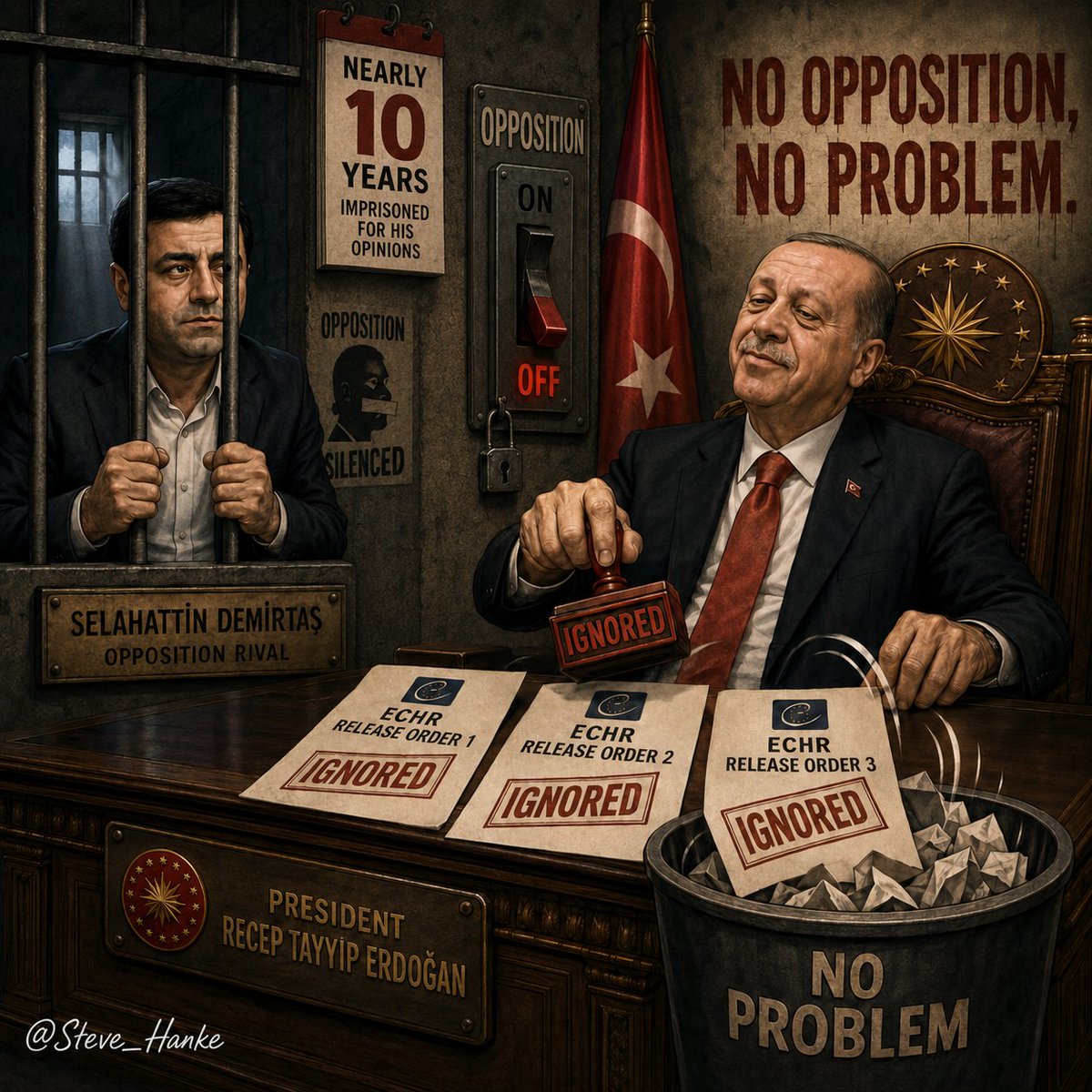 steve_hanke's tweet photo. #TurkeyWatch🇹🇷: Selahattin Demirtaş ran for president against Erdoğan in 2014. As a result, Demirtaş has been cooling his heels in PRISON for almost 10 YEARS.

IN ERDOĞAN'S TURKEY, NO OPPOSITION = NO PROBLEM. https://t.co/aOHhzq6uz5