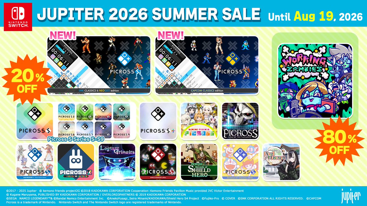 Jupiter_JP1's tweet photo. 🐥 Nintendo Switch “Jupiter Summer Sale 2026” Announcement 🐥
/
The sale is also live on the Nintendo eShop!
Save up to 80% OFF ✨
\
The Picross series is 20% OFF! 🥳
And…
“PicrossS SNK CLASSICS & NEOGEO edition”
“PicrossS CAPCOM CLASSICS edition”
These two titles are joining the sale for the very first time! 👀
– Sale Period –
Until August 19, 2026
▼ Nintendo Store(NOA)
https://t.co/C8Y5d2oeOW
▼ Nintendo Store(NOE)
https://t.co/L6AjuahULT
Don’t miss this great chance to grab them at a special price! 🥰
#Picross #Jupiter