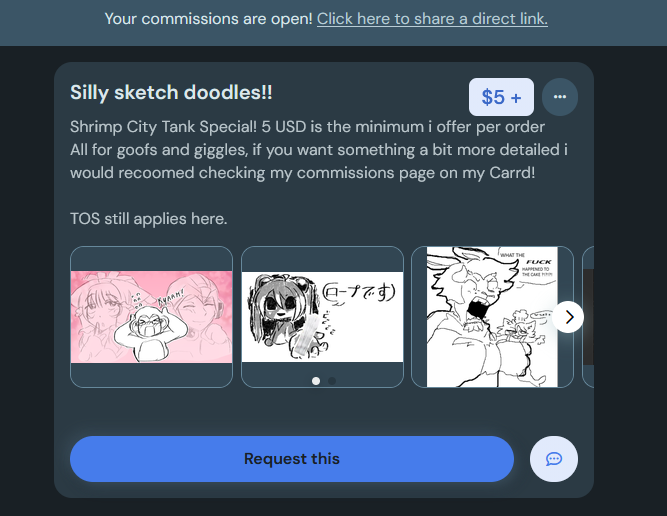 rockman_zero_11's tweet photo. Hey hey! I'm offering 5 dollar dollar doodles to help pay for my fish tank equipment! if you want a silly doodle or just to toss some dough my way feel free!
(also, Ive Recently updated my commission card page!)
#commissionㅤ #commissionartist #kofi #furryartㅤㅤㅤ https://t.co/2PZ9VvI5SV