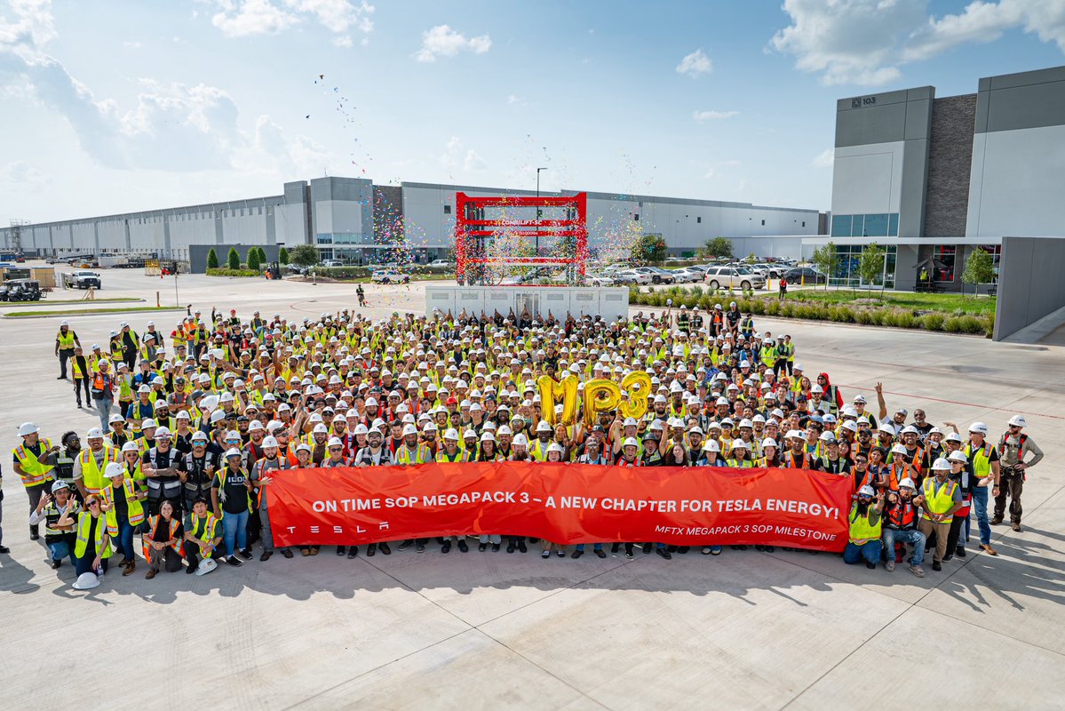 SawyerMerritt's tweet photo. Megapack 3 production has officially begun in Texas! This is now @Tesla’s third operational Megafactory, and second in the U.S.

Megapack 3:
• 5 MWh of usable AC energy
• Weight: 86,000 lbs
• 28 foot long enclosure that can be shipped globally
• Optimized for up to 8-hour applications
• Drastically simplified thermal bay. Uses Model Y heat pump, but on steroids. 78% fewer connections, which minimizes failure points
• Larger battery module and larger battery cell
• 2.8 liter battery cell, co-engineered with Tesla's cell team
• LFP battery
• Operates in -40°C to 60°
• Went from 24 cable connections in Megapack version 2XL, down to 3 simple busbar connections
• 75% of the mass of Megapack 3 is battery cells. 
• A single module in it weighs as much as a Cybertruck 
• Tesla has enabled easier front access service, so there are no roof penetrations
• Drastically simplified bussing system
