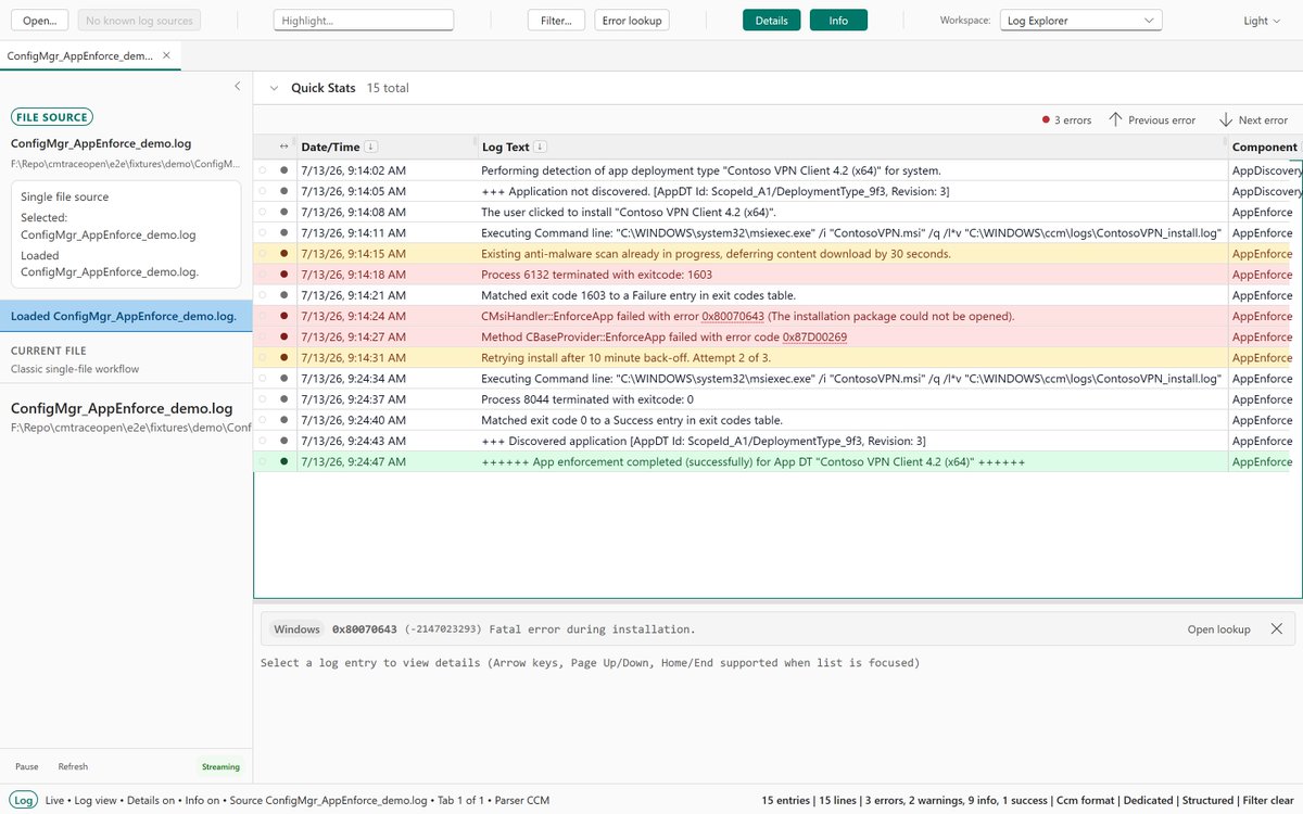 AdamGell's tweet photo. Free & open-source CMTrace replacement is here!

Parse Windows logs for ConfigMgr/SCCM, Intune IME, Autopilot ESP, DSRegCmd triage, .evtx files, real-time tailing + error-code lookup.Runs on Windows, macOS & Linux. https://t.co/QOEzL18Lug

#CMTrace #SCCM #Intune #EndpointManagement #SysAdmin #WindowsAutopilot