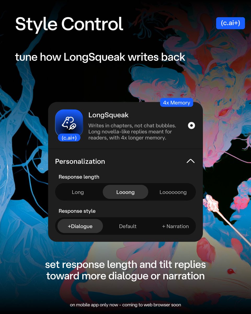 introducing LongSqueak🐁 

a new Chat Style built for long-form storytelling, with rich, novella-like replies 📖
rolling out to (c.ai+) members starting today! 