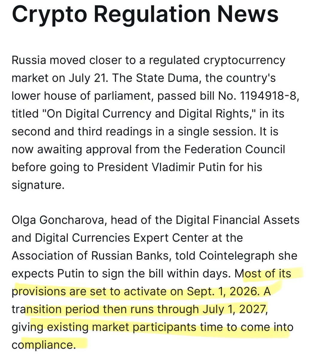 SMQKEDQG's tweet photo. Russia’s crypto regulations will take effect on September 1st, 2026. ✅

Documented.📝👇 https://t.co/VLRzGKM2Ay