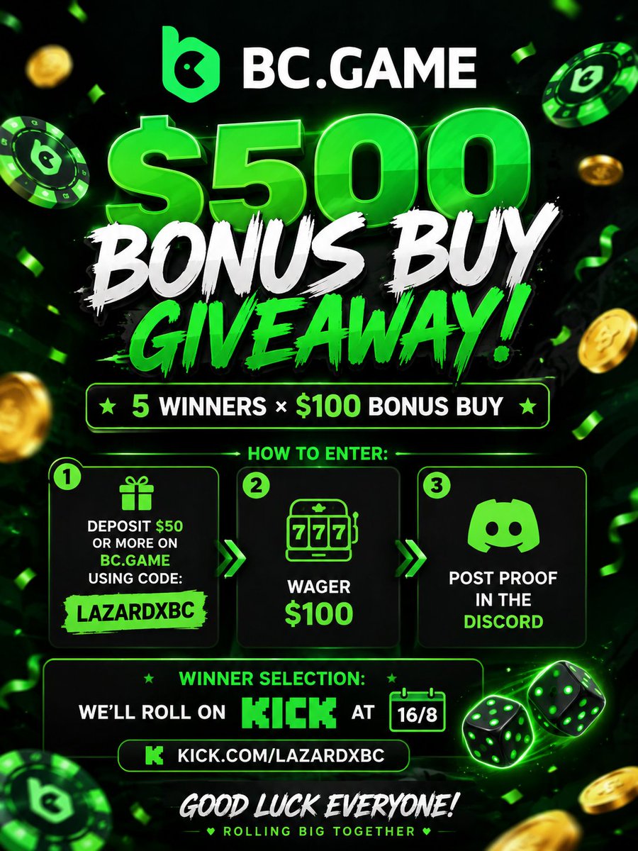 BCgamesVip's tweet photo. 💰 5 Winners × $100 Bonus Buy

To enter:

✅ Deposit $50 or more on https://t.co/cjKZ8wjFRH using the code: LAZARDXBC
✅RT + tag 1 random rt 20$
✅ Wager $100
✅ Post proof in the Discord

🎥 Rolling on kick: 16/8 https://t.co/5EP3RMpsqM

#giveaway #bcgame #casino https://t.co/eOfSRxb8hW