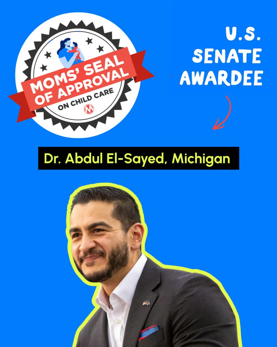 MomsRising's tweet photo. Congratulations to @abdulelsayed, the Democratic Nominee for U.S. Senate in Michigan. Thank you for making universal child care and affordability central to your campaign. On to November! #ChildCareSeal https://t.co/s9tttiSEGR