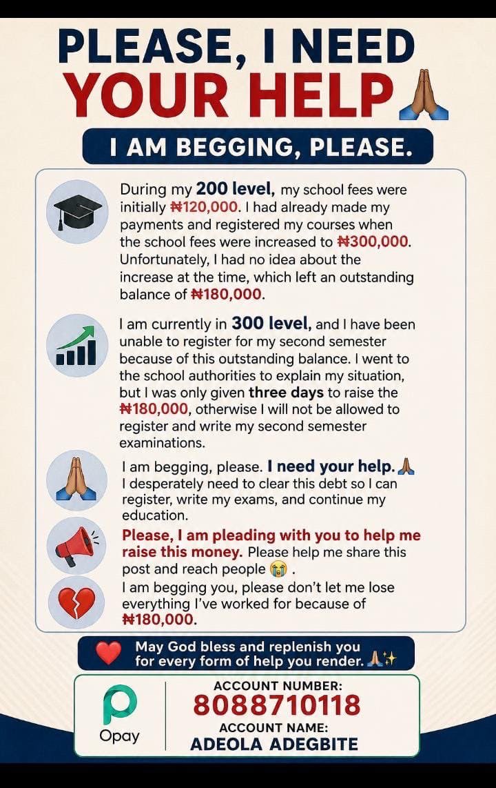 La3i3i's tweet photo. Your 1k or 2k will go a really long way in helping this young lady cover her fees, exams start in less than 2 days. 
8088710118
Opay
Adegbite Adeola https://t.co/9kUgQlZIs6