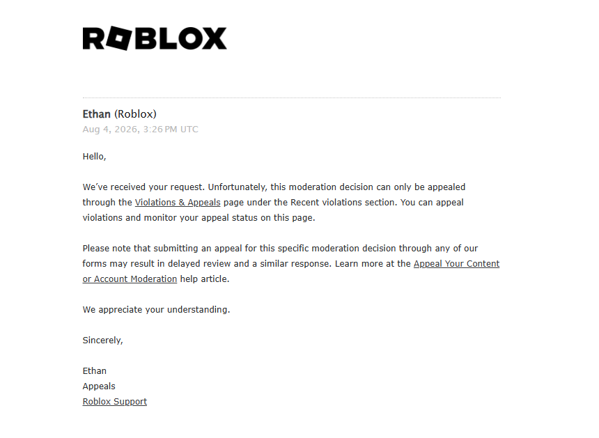 _id4d's tweet photo. for gods sake fix this bug where my enforcement ban does NOT appear in the violations page to appeal it and when i email them they say this @Roblox 
@KreekCraft could you please make a video about this, alot and i mean ALOT of people are getting this https://t.co/cCs1O10iVo