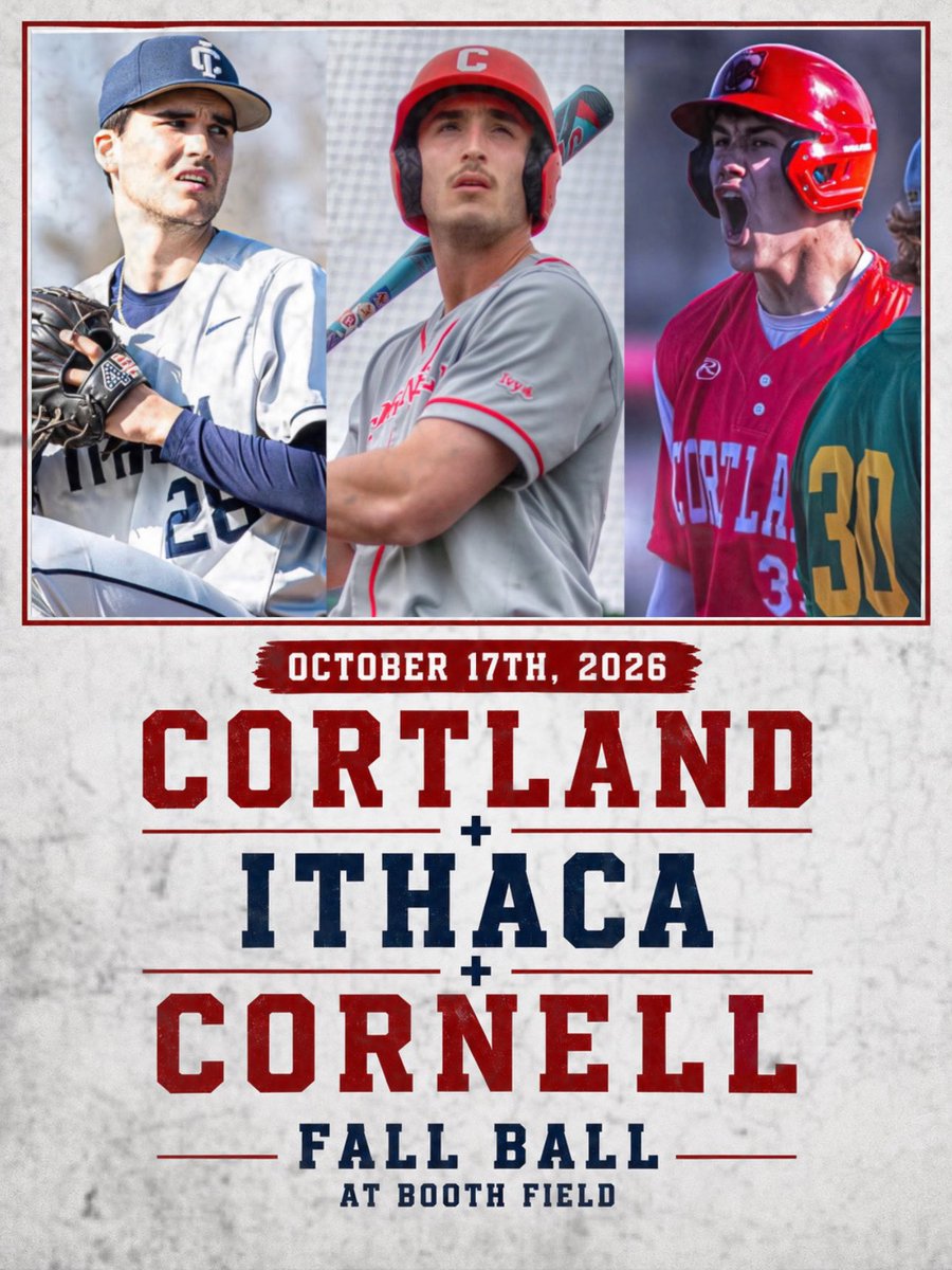 CornellBaseball's tweet photo. Saturday, October 17th, Cornell, Ithaca College, and SUNY Cortland will all meet at Booth Field for some fall ball action🍁⚾️
#YellCornell #BigRed https://t.co/9KtqfEIvBL