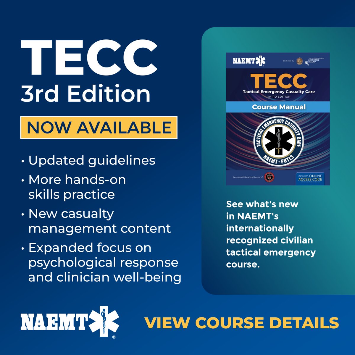 NAEMT_'s tweet photo. TECC 3rd Edition is now available. Updated guidelines, new casualty management content, and expanded focus on clinician well-being. High-threat medicine evolves — your training should too. 🔗 https://t.co/Que6ssc4r1
#TECC #NAEMT #TacticalEMS #EMS https://t.co/gnlf3Z5iE5