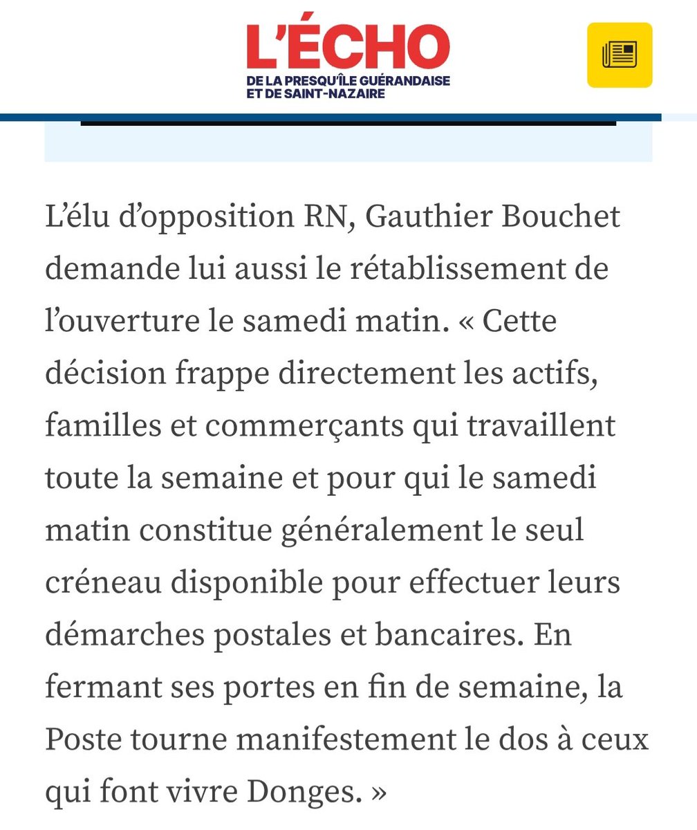 rassembldonges's tweet photo. L'Écho de la Presqu'île reprend un extrait de notre communiqué sur la fermeture du bureau de poste de Donges, les samedis. Le Rassemblement national sera toujours en défense du service public.
#RN #RNPdL #RN44 #PaysDeLaLoire #PdL #LoireAtlantique #SaintNazaireAgglo https://t.co/bxzkOLJbBD