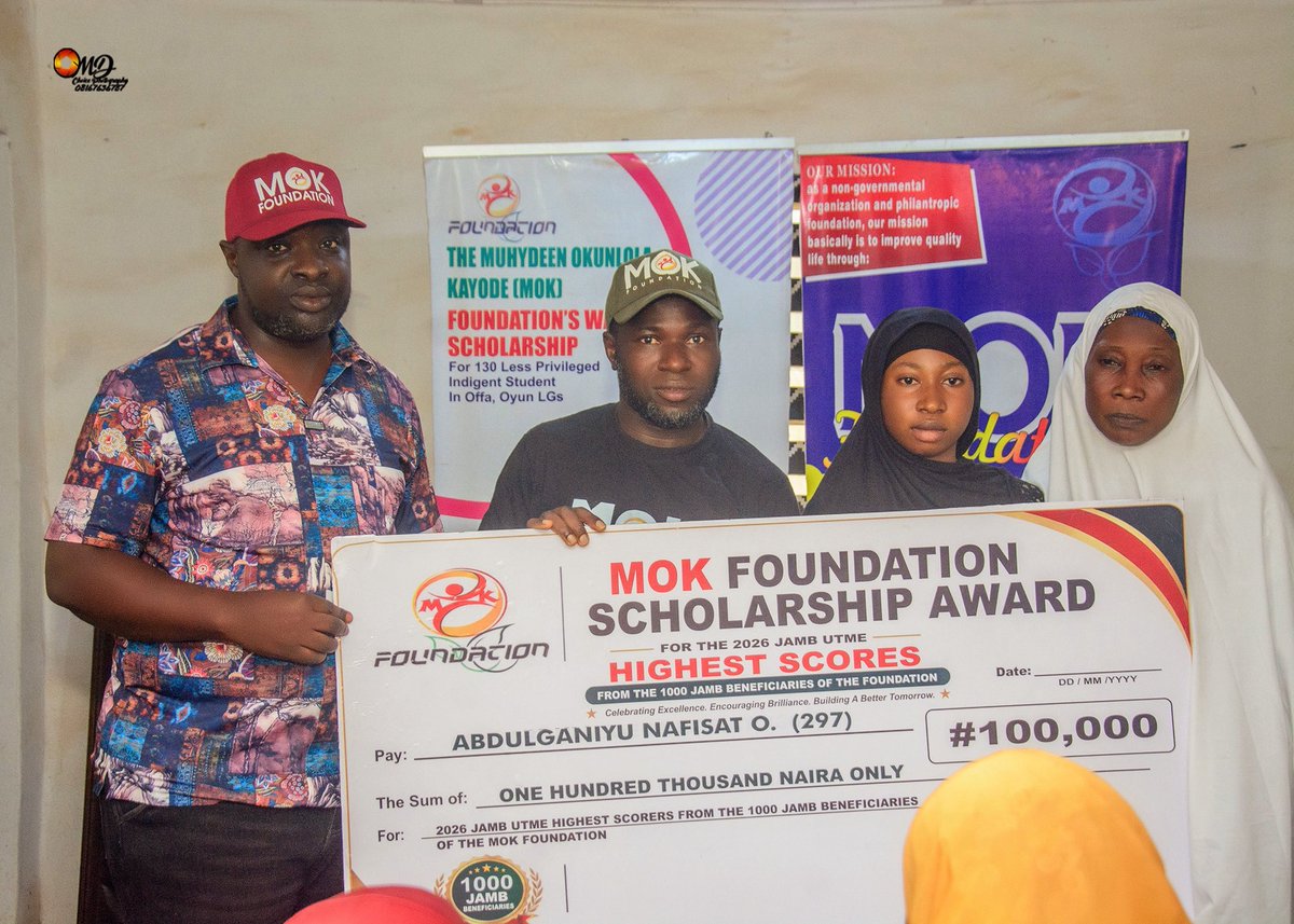 mok_foundation's tweet photo. MOK Foundation Honours Top JAMB Scholarship Performers with Cash Awards

The MOK Foundation proudly celebrates the highest scorers from our 1,000 JAMB Scholarship Programme with cash awards in recognition of their outstanding academic performance. https://t.co/NfKapmziPn