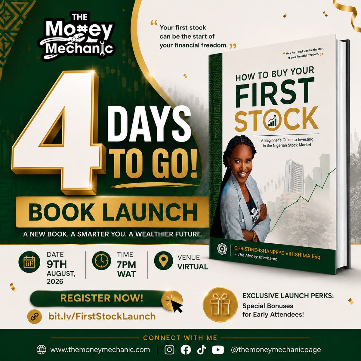 Ozycreme's tweet photo. It’s 4 Days to Go 🎉🎉🎉🎉

If you are ready to start investing in the stock market, join us for the book launch of 'How to Buy Your First Stock'.

This book goes live on August 9th, 2026! 🚀

Join the virtual launch here 👉🏼 https://t.co/7t7gspBF9b

Let’s make the billions 🤩 https://t.co/pUhRT3zdb0
