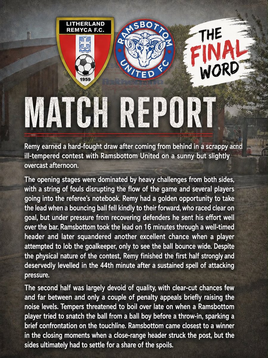 Stand2Stand's tweet photo. Final Thoughts from Saturdays 1-1 Draw between @RemycaUtd vs @RamsbottomUtd! 

#Groundhopping #NonLeague #AwayDays #MatchDay https://t.co/AlVnbRLKM8