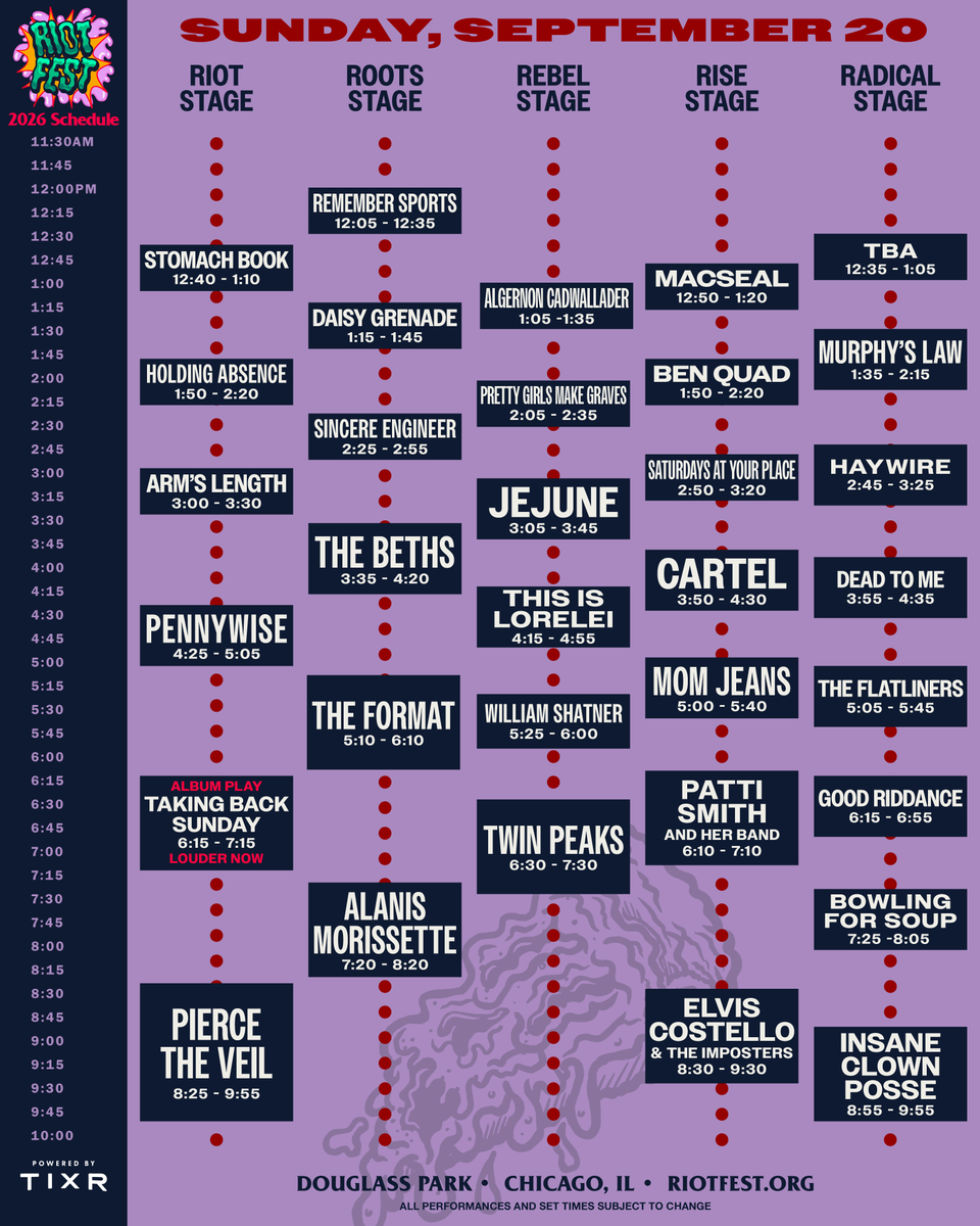 RiotFest's tweet photo. The Riot Fest 2026 daily schedules are here. See the full day-by-day lineups and get your tickets now. September 18-20. Douglass Park. Chicago, IL.⁠ https://t.co/d8oJgUVXCo
