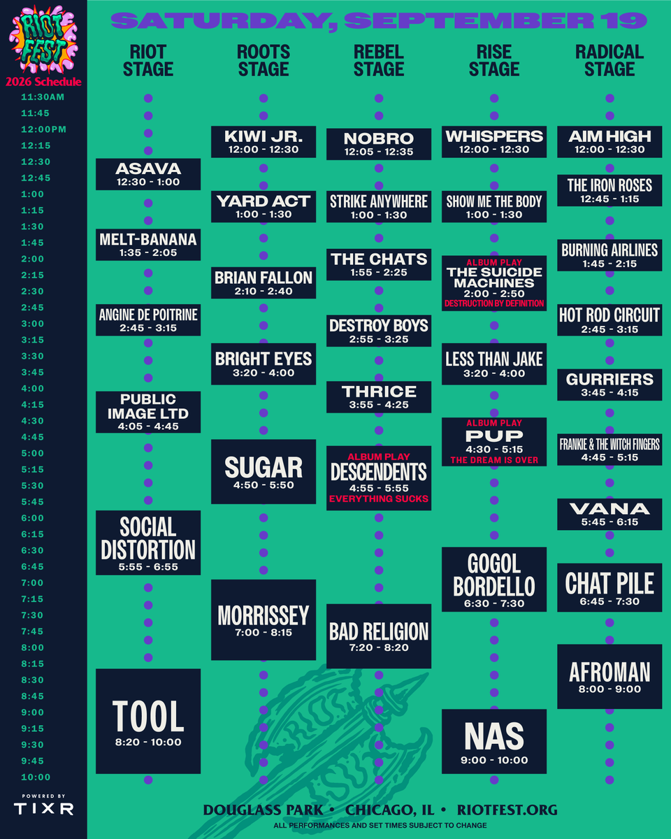 RiotFest's tweet photo. The Riot Fest 2026 daily schedules are here. See the full day-by-day lineups and get your tickets now. September 18-20. Douglass Park. Chicago, IL.⁠ https://t.co/d8oJgUVXCo
