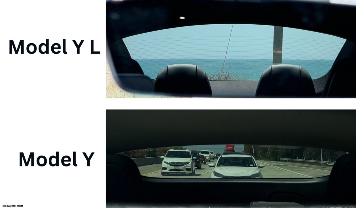 SawyerMerritt's tweet photo. Comparison of rear visibility through the rearview mirror in the Model Y L vs. the Model Y.

You can fold down the third-row headrests in the Model Y L for better visibility if you want. https://t.co/Ub5pOeuAMo