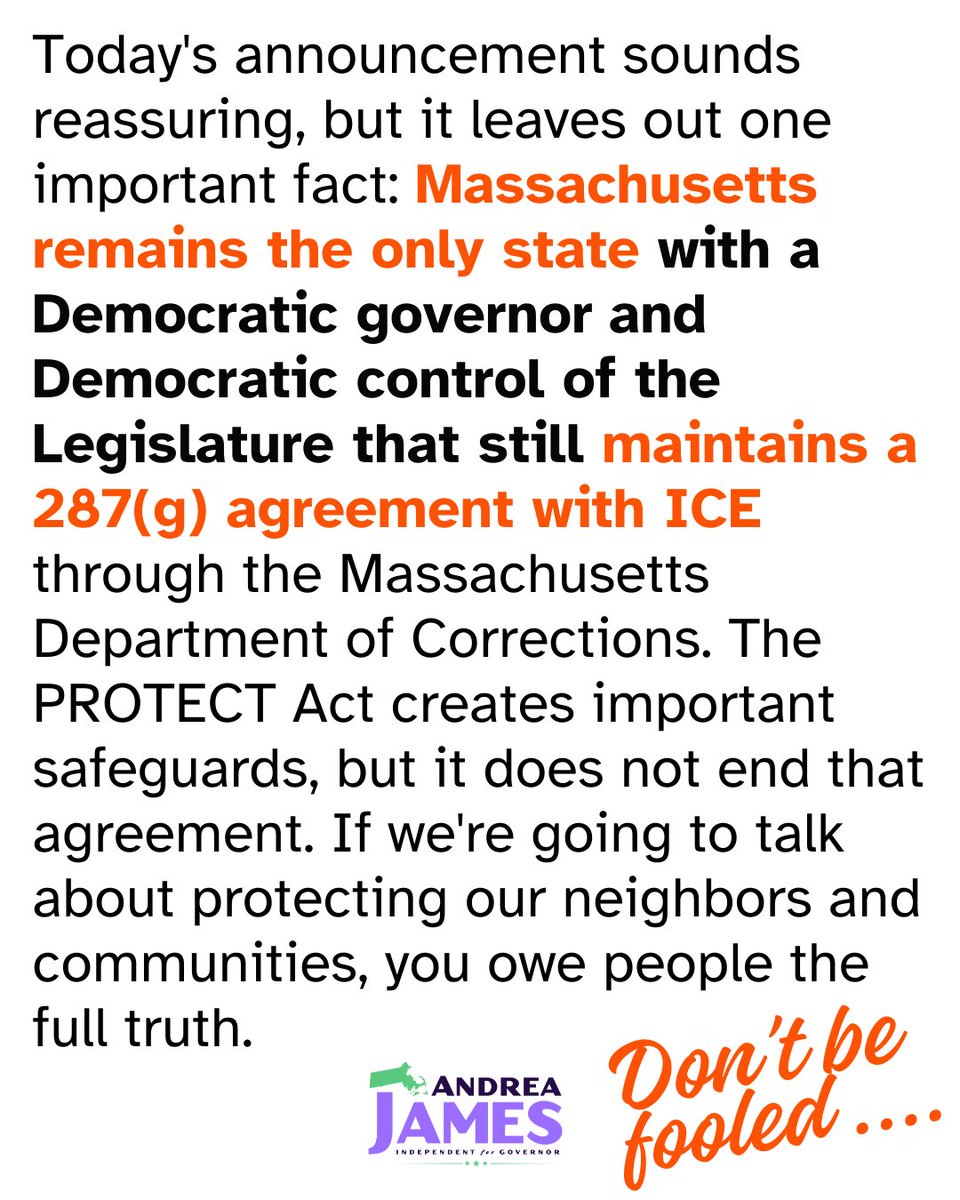 ajforma's tweet photo. Massachusetts residents deserve clarity, not confusion. We can't claim to be leading on immigrant protections while continuing to maintain a partnership with ICE that no other Democratic led state still has.

#Massachusetts #MAPolitics #mapoli #287g #ajforma https://t.co/okJYh2gg7F