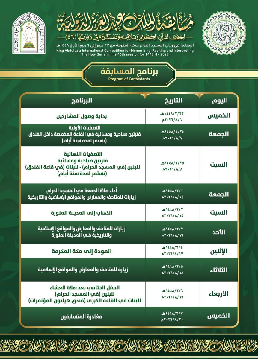 Saudi_Moia's tweet photo. #إنفوجرافيك | تعرّف على برنامج الدورة الـ46 من #مسابقة_الملك_عبدالعزيز_الدولية للقرآن الكريم، المقامة في رحاب المسجد الحرام بتنظيم #وزارة_الشؤون_الإسلامية. https://t.co/RbhqW4LQZd