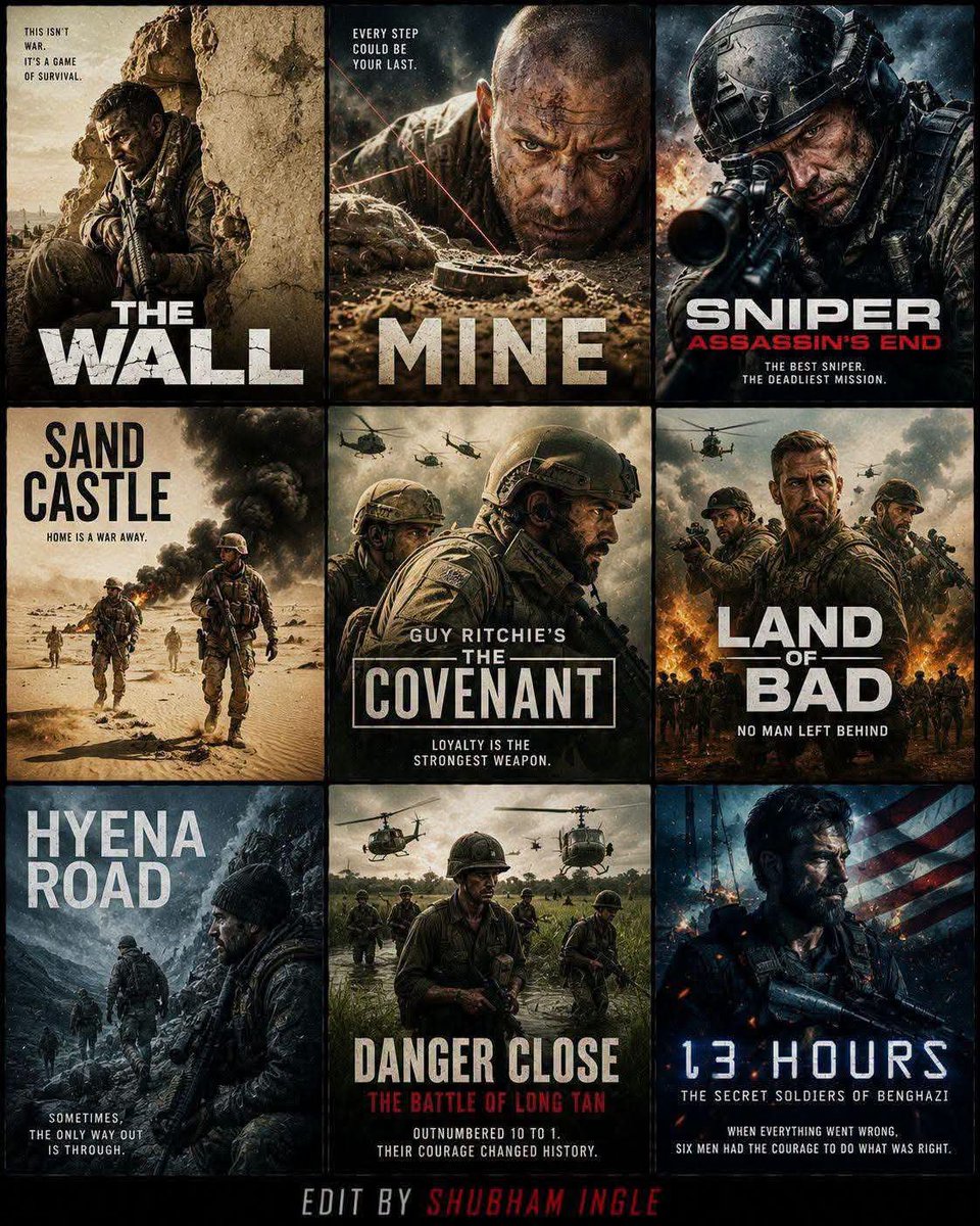 jackofficial_01's tweet photo. Best Modern Military Combat Movies You Must Watch 

1. The Wall (2017) | War / Thriller |  IMDb: 6.2/10
OTT: Prime Video (varies by region)
■Story: Two American soldiers become trapped by an unseen Iraqi sniper in a deadly psychological battle.

2. Mine (2016) | War / Thriller |  IMDb: 5.9/10
OTT: Prime Video (varies by region)
■Story: A soldier must remain perfectly still after stepping on a landmine deep in the desert.

3. Sniper: Assassin's End (2020) | Action / War |  IMDb: 5.4/10
OTT: Netflix / Prime Video (varies by region)
■Story: Elite sniper Brandon Beckett becomes the target after being accused of murder.

4. Sand Castle (2017) | War / Drama |  IMDb: 6.3/10
OTT: Netflix
■Story: U.S. soldiers struggle to rebuild a village while facing constant danger during the Iraq War.

5. Guy Ritchie's The Covenant (2023) | Action / War | IMDb: 7.5/10
OTT: Prime Video (varies by region)
■Story: A U.S. Army sergeant risks everything to rescue the Afghan interpreter who once saved his life.

6. Land of Bad (2024) | Action / Thriller | IMDb: 6.6/10
OTT: Netflix / Prime Video (varies by region)
■Story: A rookie special forces operator fights for survival with help from a remote drone pilot.

7. Hyena Road (2015) | War / Drama |  IMDb: 6.5/10
OTT: Prime Video (varies by region)
■Story: Canadian soldiers face dangerous missions and complex realities during the war in Afghanistan.

8. Danger Close: The Battle of Long Tan (2019) | War / Action | MDb: 6.8/10
OTT: Prime Video (varies by region)
■Story: Australian soldiers make a heroic stand against overwhelming enemy forces in Vietnam.

9.  13 Hours: The Secret Soldiers of Benghazi (2016) | Action / War |  IMDb: 7.3/10
OTT: Paramount+ / Prime Video (varies by region)
■Story: A team of security contractors defends the U.S. diplomatic compound during the 2012 Benghazi attack.

■Which modern military movie is your favorite? Let us know