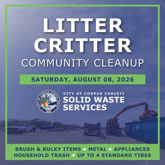 cityofcc's tweet photo. The City’s next Litter Critter community cleanup event will take place on Saturday, August 8, from 9:00 a.m. to 3:00 p.m. at the 14800 block of Whitecap Boulevard on Padre Island.

The Litter Critter initiative provides residents with a convenient way to dispose of unwanted items outside scheduled pickup dates.

Please note that cardboard recycling will not be offered at this event; however, oversized cardboard is accepted for recycling at the J.C. Elliott Transfer Station during regular business hours.

Residents should prepare to offload their items; commercial hauling is not permitted.

Items accepted include:
��� Heavy brush
• Bulky items
• Household trash
• Up to 4 standard tires
• Metal items and household appliances
Items NOT accepted include:
• Hazardous waste
• Asbestos, antifreeze, brake and transmission fluid, batteries, cleaning solvents
• Concrete

Please take these items directly to:
J.C. Elliott Transfer Station
7001 Ayers Street
Corpus Christi, Texas 78415
Open Monday through Saturday from 8:00 a.m. to 5:00 p.m.

For more information, residents should refer to the City’s Solid Waste Department website at https://t.co/Vze4qxInXF