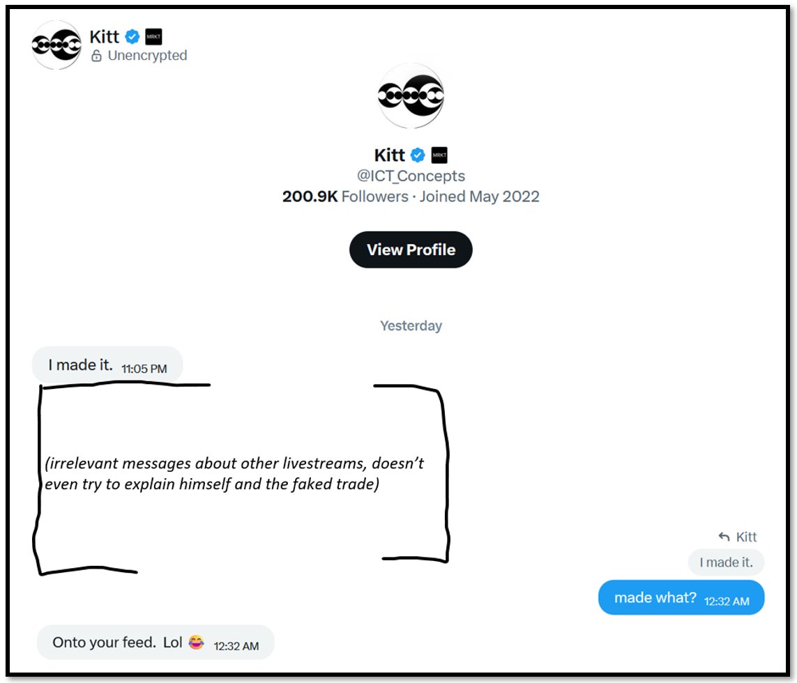 imantradingYT's tweet photo. One of the biggest ICT influencers in the world has been caught faking trades. 

Instead of even attempting to defend himself (like when ICT claimed he messed up photoshopping a payout on PURPOSE), he's just happy he made it onto my page. 

You create these people. https://t.co/ZsMaEPrCYI