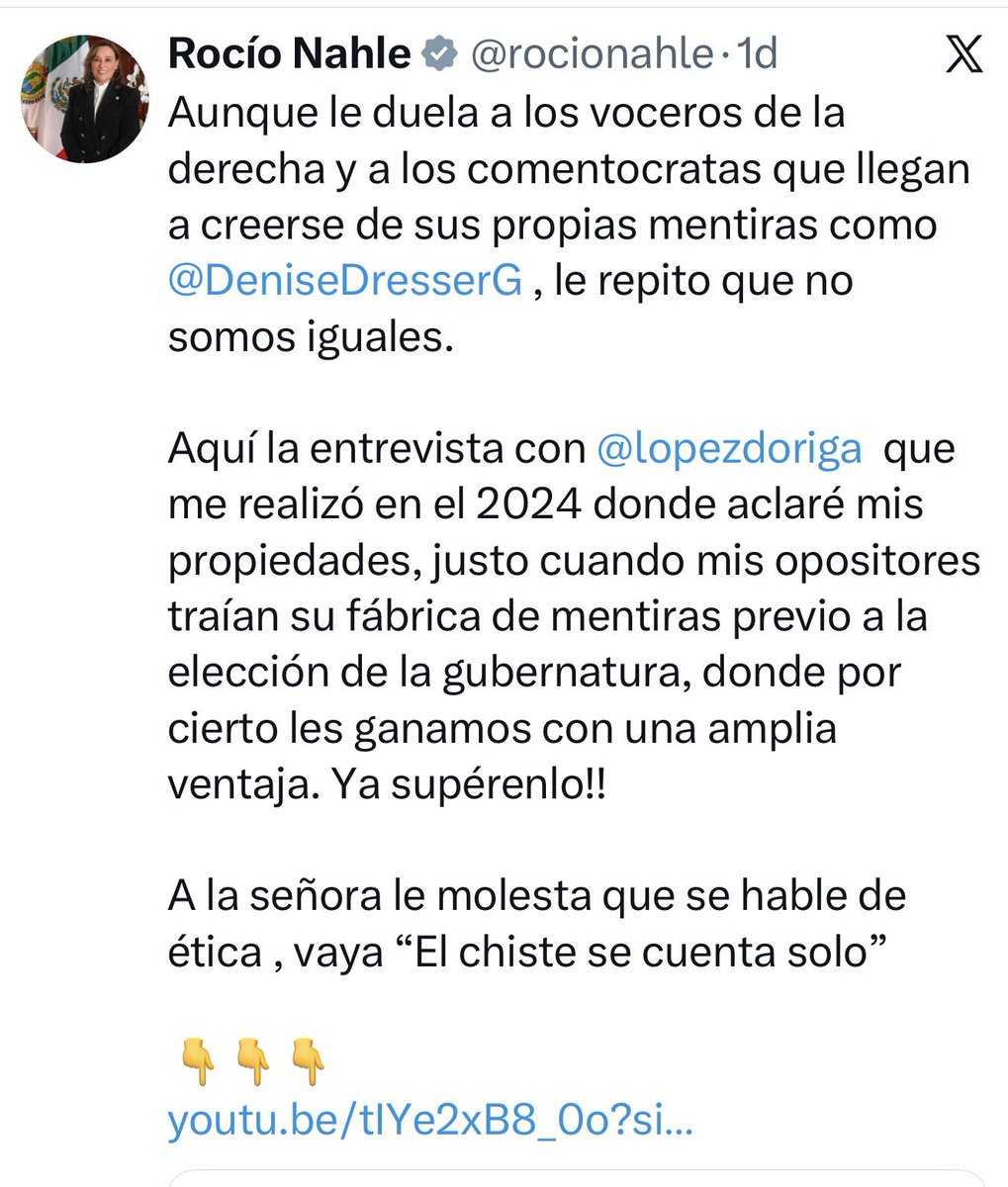 acastagne's tweet photo. Señora Rocío Nahle @rocionahle recuerdo muy bien la entrevista que hace mención y que en su momento le llamó derecho de réplica a mis denuncias en su contra.

Usted no aclaró nada, asistió con Don Joaquín López Dóriga @lopezdoriga a decir mentiras. Le aclaro yo NO DIGO MENTIRAS, le he invitado a un debate público para presentarle todos los documentos con los que cuento en mi poder y ahí usted tendrá la oportunidad de decirme en mi cara que miento o aceptar que es una persona corrupta y ponerse a disposición de la autoridad, acepte mi propuesta.

Decir que su sobrina Maribel Hoyos Peña construyó una mansión con un valor superior a los $50 millones de pesos en el mejor fraccionamiento de Veracruz “El Dorado Residencial & Marina” para rentársela a usted en $35,000.00 pesos mensuales cuando ella vive en una casa modesta y no cuenta con ingresos que justifiquen esa cantidad es por decir lo menos, una gran mentira. 

Nada mencionó en la entrevista sobre la mansión que adquirió en el fraccionamiento y Club de Golf “El Country” en Villahermosa, Tab. a solo dos meses de haber tomado protesta como Secretaria de Energía y responsable directa de la construcción de la refinería “Dos Bocas” con un valor superior a los $25 millones de pesos, ninguna de estas propiedades, así como el departamento de San Pedro Garza García están en su declaración patrimonial y ello constituye un delito que se castiga con inhabilitación en cargos públicos y hasta cárcel, pero hoy se adueñaron de los poderes en nuestro país y se volvieron además de cínicos, intocables.

Convencido estoy de que las denuncias que presenté en su contra en instancias internacionales surtirán efecto y pagará por sus corruptelas, tráfico de influencias, nepotismo, mentiras y su riqueza inexplicable !!!