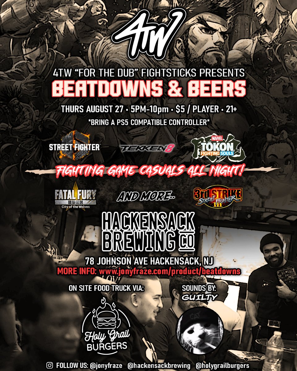 jonyfraze's tweet photo. Yo NJ/NY #FGC! 4TW’s BEATDOWNS &amp; BEERS is back at Hackensack Brewing Company!

📅 Thurs 8/27 • 5pm-10pm
🪙 $5 Player Fee
🍻 21+ to Drink
👊 Level up with Fighting Game Casuals All Night/
🕹️Good Games, Good Beers &amp;  Good Vibes!

https://t.co/SEgnIcHHg9

See you there! https://t.co/Q9QHI66Xa4